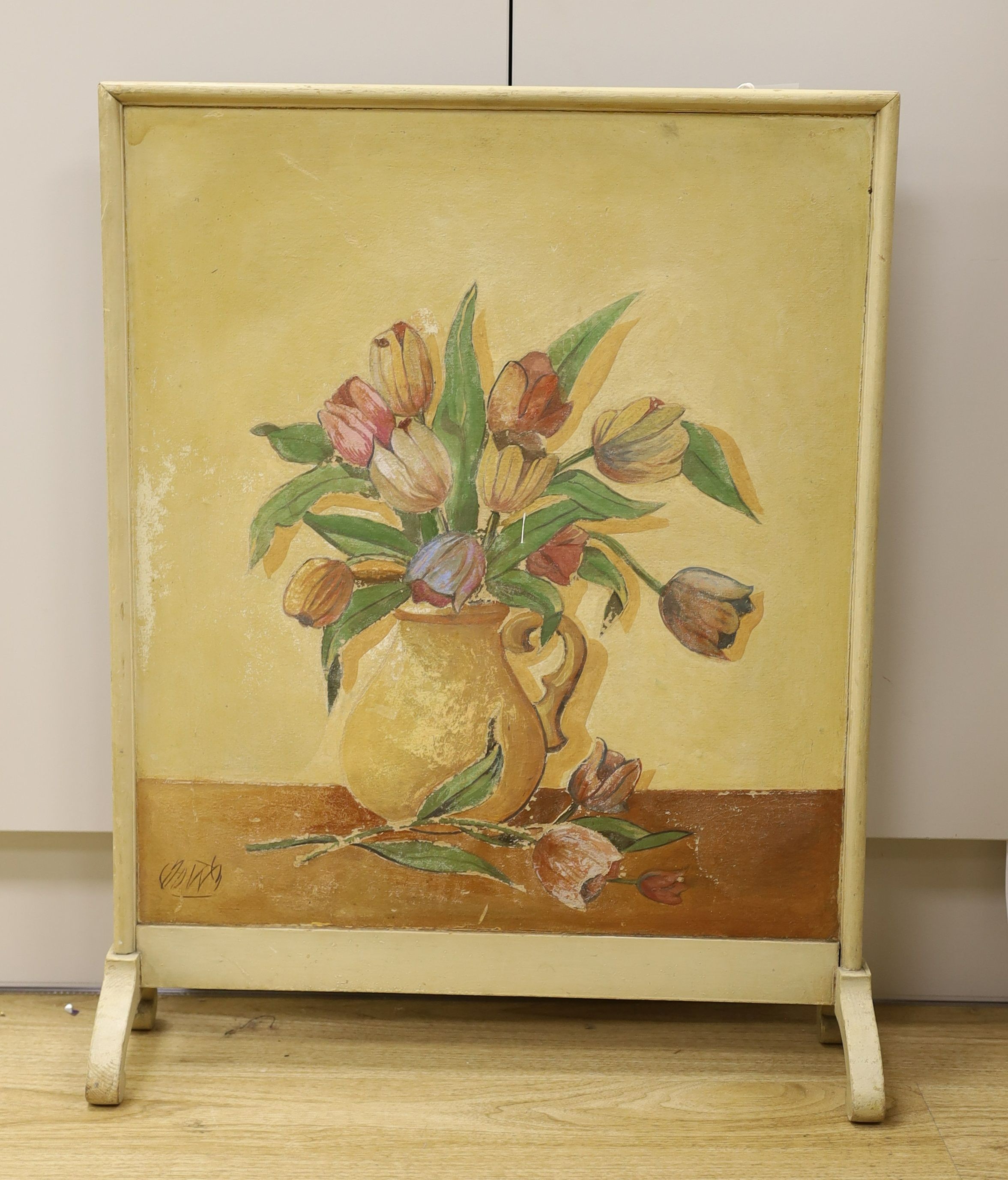 In the style of The Omega Workshop, a painted fire screen inset with a floral still life on board, 49.5 cms wide x 57 cms high.